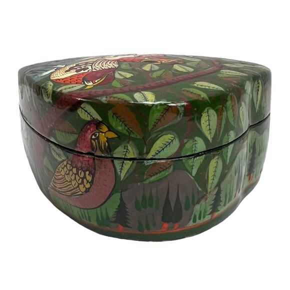 Vintage India paper Mâché trinket heart shape box Bird Tree hand painted signed - Picture 4 of 15